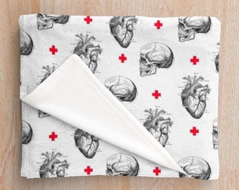 Anatomical Heart and Skull Throw Blanket 50" x 60" nurse gift, halloween decor, medical student gift, anatomy, goth, nursing student, doctor