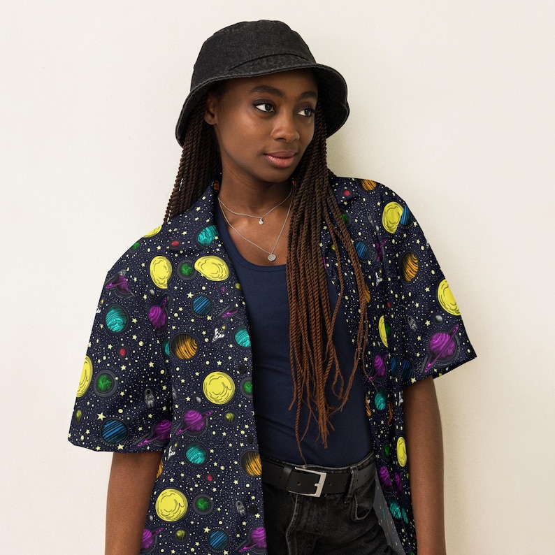 Space Button Up Shirt, science shirt, summer shirt, astronomy shirt, galaxy planets, relaxed fit shirt, astronaut gift, solar system, stars