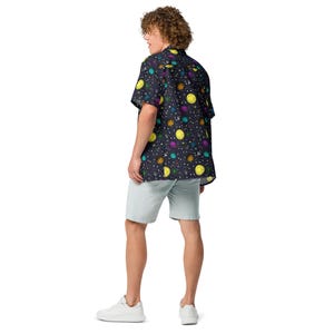 Space Button Up Shirt, science shirt, summer shirt, astronomy shirt, galaxy planets, relaxed fit shirt, astronaut gift, solar system, stars
