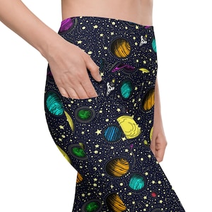 Space Leggings with pockets, astronomy tights, planet leggings for women, galaxy yoga pants, stars gym leggings, astronaut, science