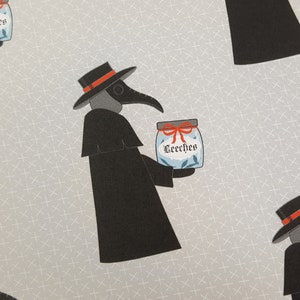 May include: A repeating pattern of black plague doctors wearing long black robes and beaked masks, holding jars labeled "Leeeches". The background is a light gray with a white crosshatch pattern.