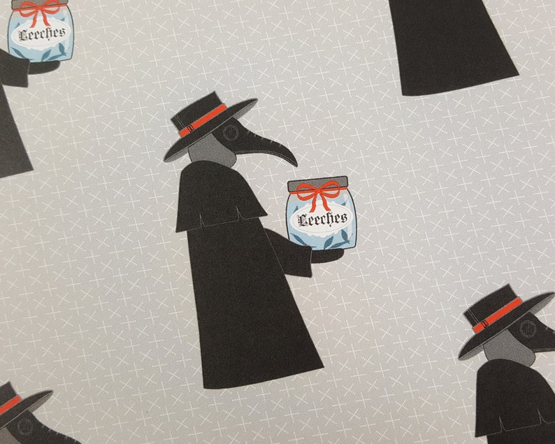 May include: A repeating pattern of black plague doctors wearing long black robes and beaked masks, holding jars labeled "Leeeches". The background is a light gray with a white crosshatch pattern.