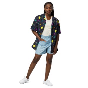 Space Button Up Shirt, science shirt, summer shirt, astronomy shirt, galaxy planets, relaxed fit shirt, astronaut gift, solar system, stars