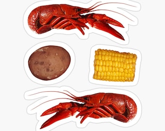 Crawfish Stickers, Cajun Food stickers, Louisiana stickers, new orleans, baton rouge, foodie, corn, potato, waterbottle, laptop decal