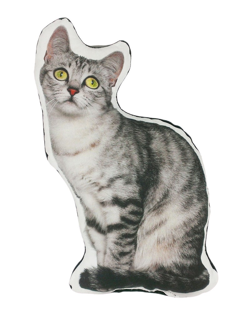 May include: A gray and white tabby cat pillow with yellow eyes. The cat is sitting with its tail curled around its legs.