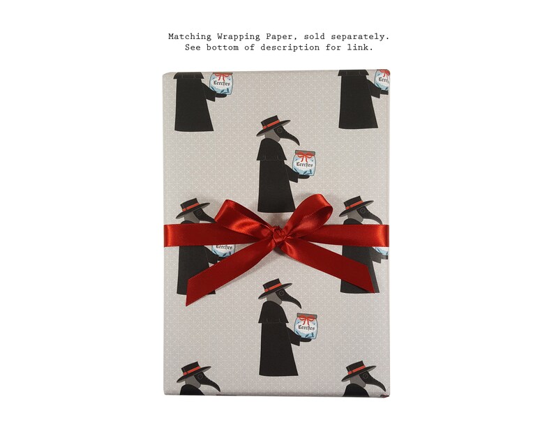 May include: A grey gift wrap with a repeating pattern of black plague doctors holding jars labelled "Kittler". The gift wrap is tied with a red ribbon.