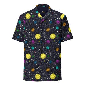 Space Button Up Shirt, science shirt, summer shirt, astronomy shirt, galaxy planets, relaxed fit shirt, astronaut gift, solar system, stars
