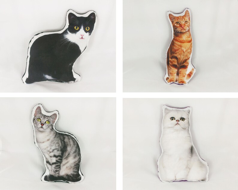 May include: Four different cat pillow designs. The first pillow features a black and white cat with yellow eyes. The second pillow features a brown tabby cat with yellow eyes. The third pillow features a gray tabby cat with yellow eyes. The fourth pillow features a white cat with yellow eyes.