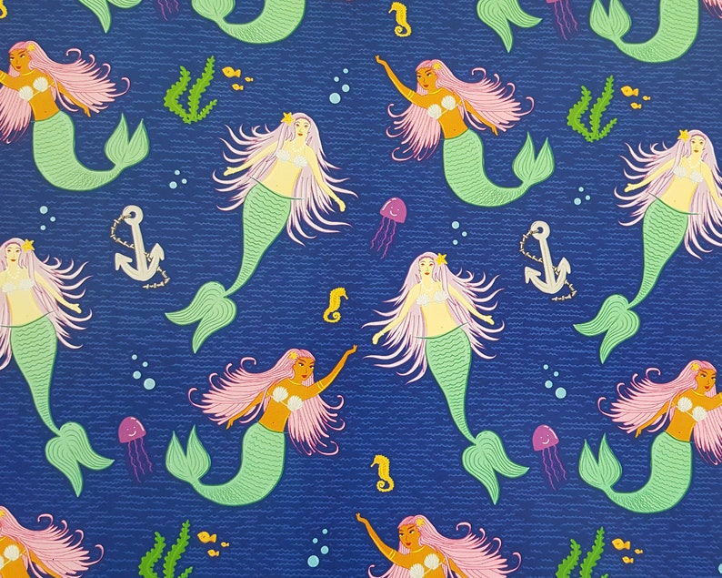 May include: A seamless pattern featuring mermaids with pink hair and green tails on a dark blue background. The mermaids are surrounded by seahorses, seashells, and seaweed.