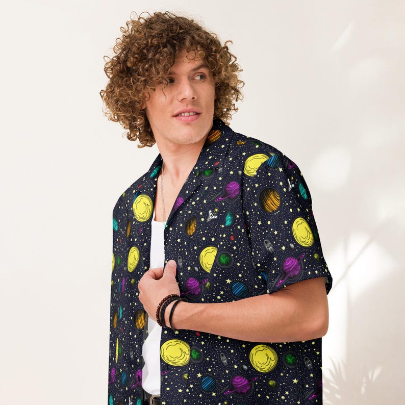 Space Button Up Shirt, science shirt, summer shirt, astronomy shirt, galaxy planets, relaxed fit shirt, astronaut gift, solar system, stars
