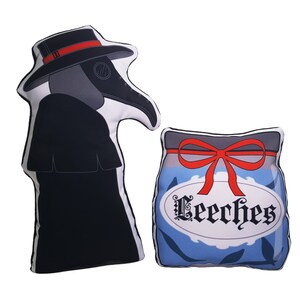 May include: Two plush pillows, one shaped like a plague doctor wearing a black hat and mask, the other shaped like a jar with a red bow and the word "Leeeches" on the label.