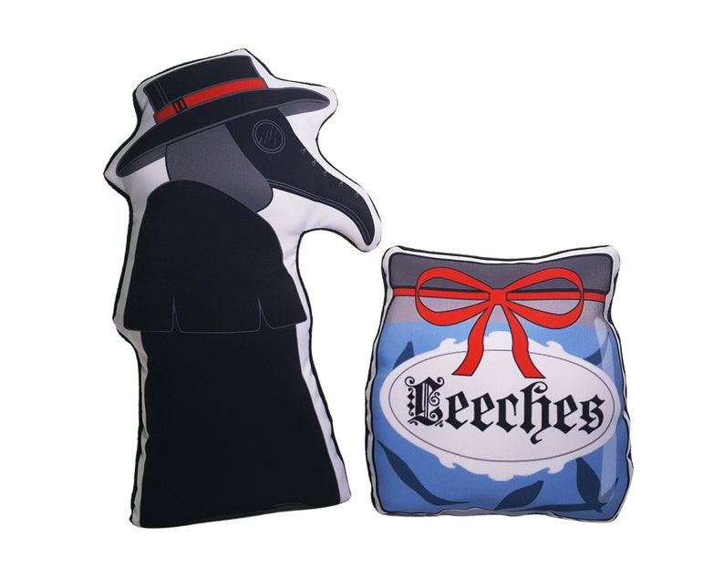 May include: Two plush pillows, one shaped like a plague doctor wearing a black hat and mask, the other shaped like a jar with a red bow and the word "Leeeches" on the label.