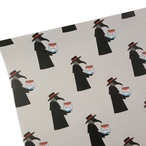 May include: A repeating pattern wrapping paper featuring a black and white illustration of a plague doctor holding a jar labeled "Cerberus". The background is a light gray with a subtle pattern.