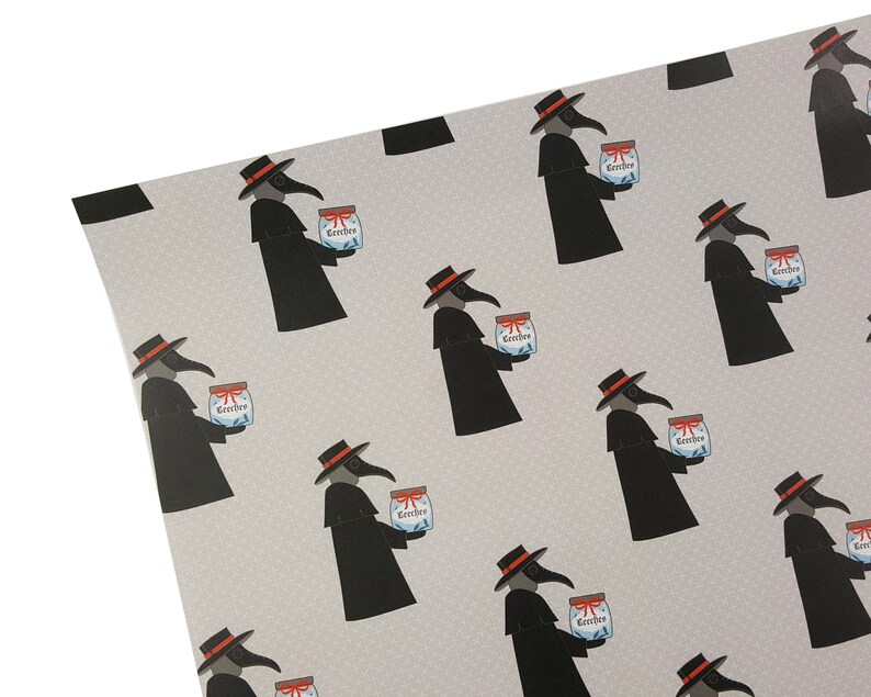May include: A repeating pattern wrapping paper featuring a black and white illustration of a plague doctor holding a jar labeled "Cerberus". The background is a light gray with a subtle pattern.