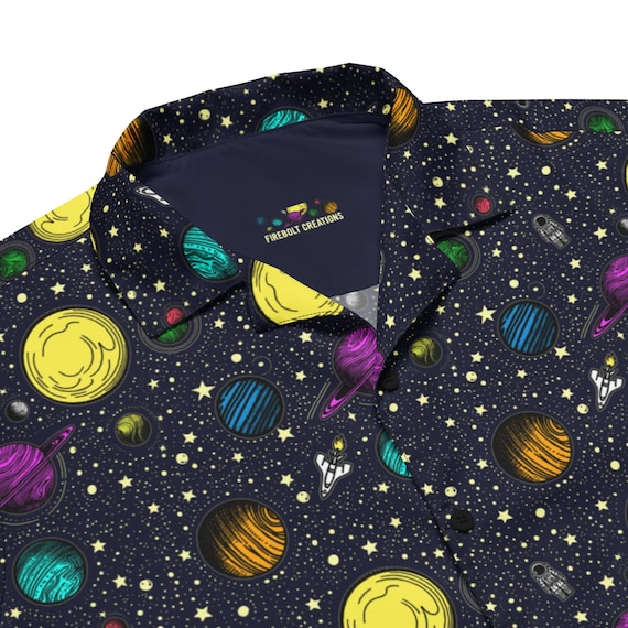 Space Button Up Shirt, science shirt, summer shirt, astronomy shirt, galaxy planets, relaxed fit shirt, astronaut gift, solar system, stars