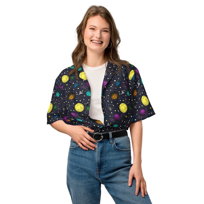 Space Button Up Shirt, science shirt, summer shirt, astronomy shirt, galaxy planets, relaxed fit shirt, astronaut gift, solar system, stars