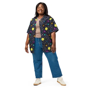 Space Button Up Shirt, science shirt, summer shirt, astronomy shirt, galaxy planets, relaxed fit shirt, astronaut gift, solar system, stars