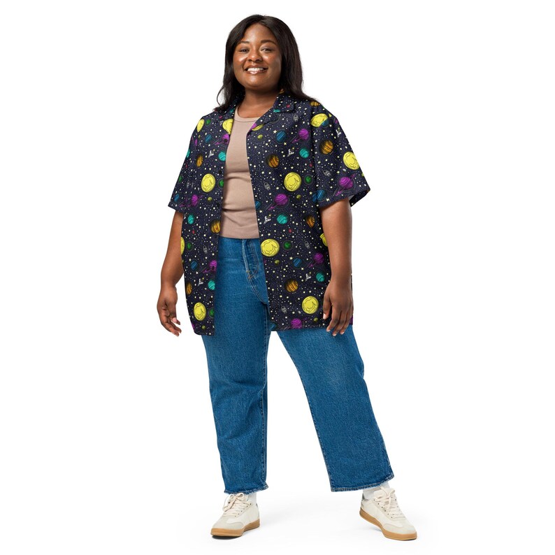 Space Button Up Shirt, science shirt, summer shirt, astronomy shirt, galaxy planets, relaxed fit shirt, astronaut gift, solar system, stars