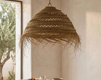 Moroccan Straw Pendant Light, Boho Woven Lampshade, Natural Ceiling Lamp
