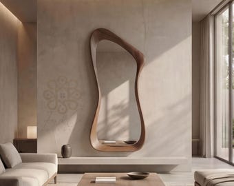 Asymmetrical Walnut Full Length Mirror Organic Modern Floor Mirror Irregular Wooden Bedroom Wall Decor