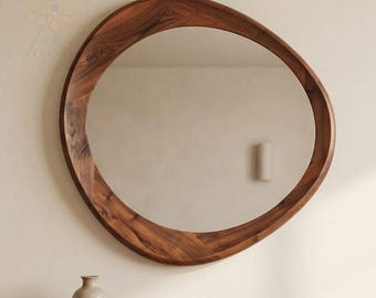 Asymmetrical Walnut Wooden Mirror Irregular Shape Wall Mirror Entryway Decor Mid Century Style