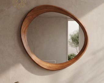 Walnut Wooden Mirror Irregular Shape Wall Mirror Entryway Decor Mid Century Style