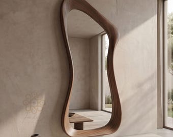 Asymmetrical Walnut Floor Mirror, Organic Modern Wood Frame, Handmade Wall Decor