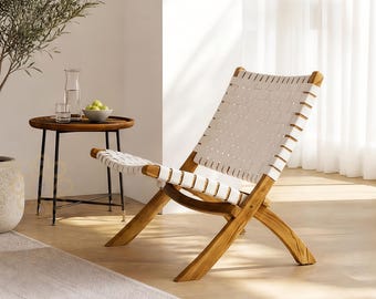 Solid Walnut Woven Leather Chair Handmade Modern Lounge Seating Scandinavian Mid Century Home Decor