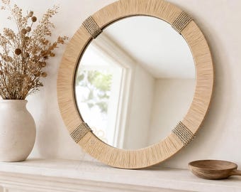 Round Raffia Wall Mirror, Handmade Natural Fiber Mirror, Boho Moroccan Decor, Rustic Bedroom Entryway-Mirror