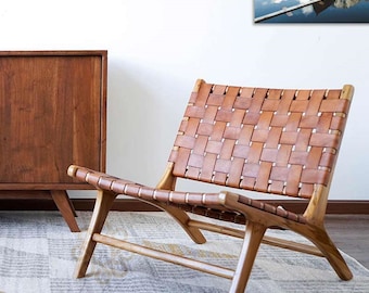 Customized Moroccan Walnut Wood & Braided Leather Armchair – Handmade Artisan Lounge Chair: Moroccan Boho Decor