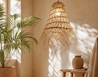Handwoven Moroccan Straw Pendant Light – Boho Woven Lampshade