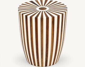 Handmade Walnut Resin Barrel Side Table, Sunburst Accent Furniture