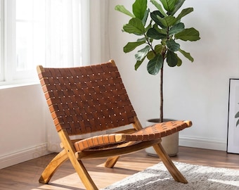 Handmade Foldable Leather Chair Solid Oak Wooden Tripolina Camping Lounge Patio Rustic Furniture Modern