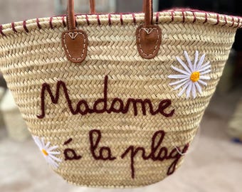 Customized Shoulder Handwoven French Market Basket: Woven basket with custom text and pompom Flower.