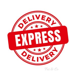 K&ouml;nnte beinhalten: Ein kreisf&ouml;rmiges rot-wei&szlig;es grafisches Emblem mit dem Wort DELIVERY in einem kreisf&ouml;rmigen Bogen oben und unten sowie einem zentralen horizontalen roten Rechteck mit dem wei&szlig;en Text EXPRESS. Drei kleine Sterne befinden sich &uuml;ber und unter dem Text.