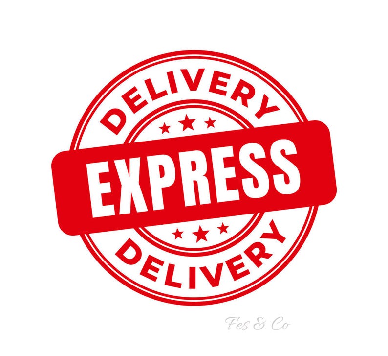 K&ouml;nnte beinhalten: Ein kreisf&ouml;rmiges rot-wei&szlig;es grafisches Emblem mit dem Wort DELIVERY in einem kreisf&ouml;rmigen Bogen oben und unten sowie einem zentralen horizontalen roten Rechteck mit dem wei&szlig;en Text EXPRESS. Drei kleine Sterne befinden sich &uuml;ber und unter dem Text.