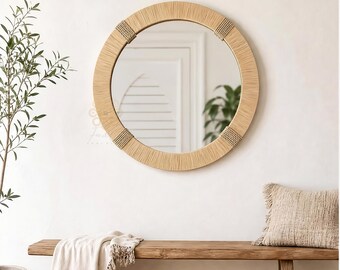 Moroccan Raffia Mirror, Round Wall Hanging, Handmade Boho Style, Natural Woven Home Accent