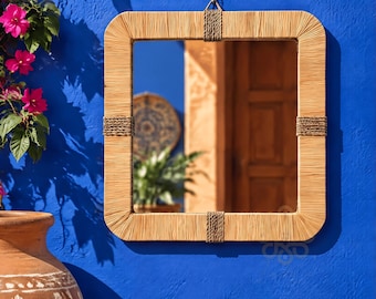 Moroccan Raffia Mirror, Square Woven Wall-Mirror, Handmade Boho Home Decor, Natural Fiber Mirror