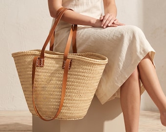 Handwoven Moroccan Palm Leaf Bag Leather Handles, French Market Basket, Handmade Straw Tote, Beach-Bag