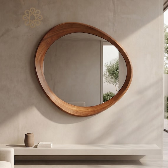 Walnut Wooden Mirror Irregular Shape Wall Mirror Entryway Decor Mid Century Style