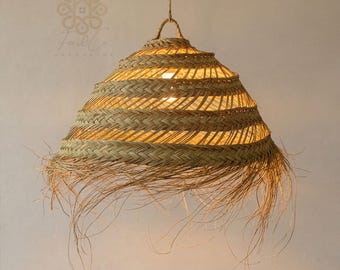 Moroccan Straw Pendant Light, Handwoven Doum Lampshade, Boho Ceiling Decor