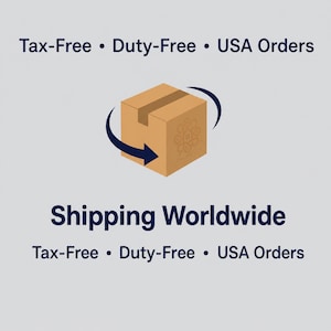 K&ouml;nnte beinhalten: Eine braune Pappkartongrafik zentriert auf hellgrauem Hintergrund. Dunkelblaue geschwungene Pfeile umkreisen den Karton. Der Text lautet: Tax-Free &bull; Duty-Free &bull; USA Orders, Shipping Worldwide und Tax-Free &bull; Duty-Free &bull; USA Orders in Dunkelblau.