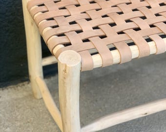 BANC artisanal avec cuir véritable : bois d'eucalyptus marocain bohème chic