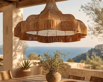 Handmade Moroccan Rattan Pendant Light Wicker Chandelier Boho Coastal Japandi Kitchen Dining Ceiling Lamp