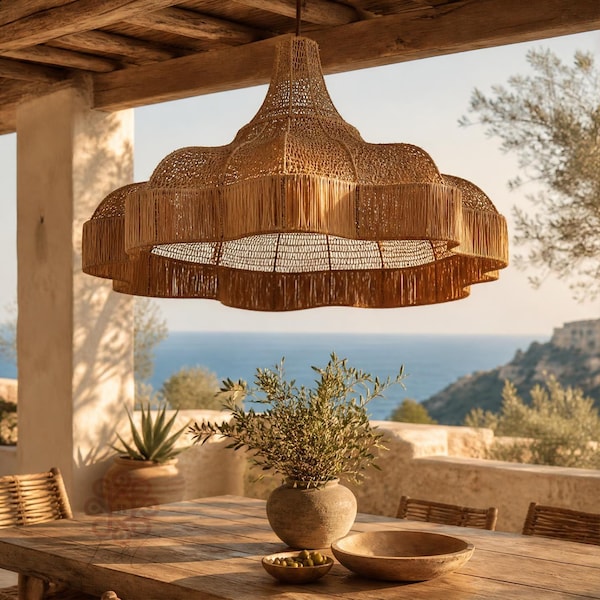 Handmade Moroccan Rattan Pendant Light Wicker Chandelier Boho Coastal Japandi Kitchen Dining Ceiling Lamp