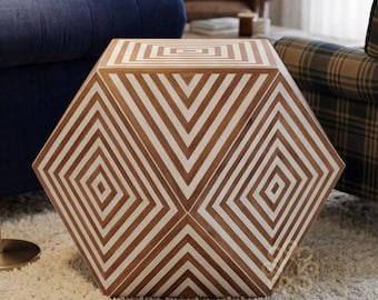 Handmade Moroccan Walnut Resin Hexagon Table, Geometric Art Deco Accent Furniture