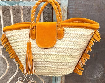 Top Handle Stylish Handwoven French Market Basket: Woven basket with Flowers pompom