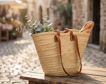 Handwoven Moroccan Palm Leaf Bag with Leather Handles, French Market Basket Tote