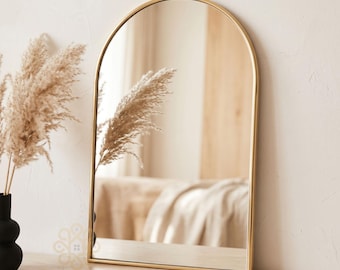 Gold Arched Mirror Tabletop Vanity Mirror Decorative Brass Frame Modern Home Decor