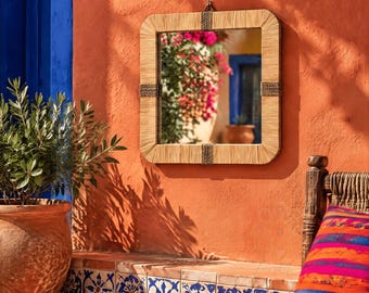 Moroccan Raffia Mirror, Square Woven Wall-Mirror, Natural Fiber Wall Decor, Artisan Home Decor